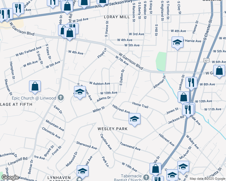 map of restaurants, bars, coffee shops, grocery stores, and more near 111 Summit Street in Gastonia