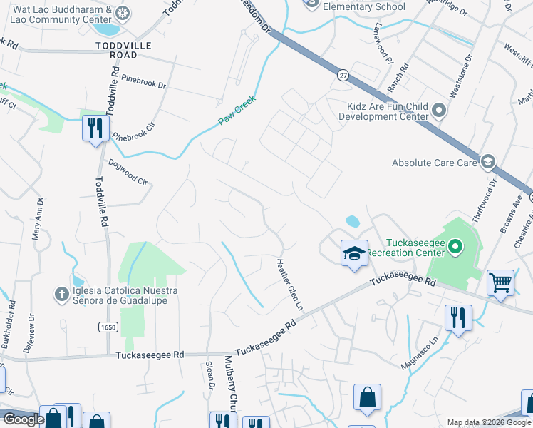 map of restaurants, bars, coffee shops, grocery stores, and more near 5313 Radley Court in Charlotte