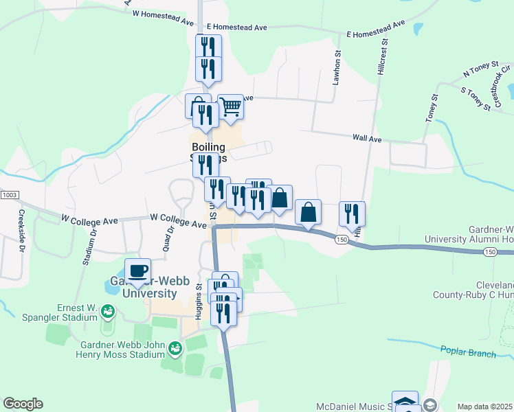 map of restaurants, bars, coffee shops, grocery stores, and more near 121 Hamrick Avenue in Boiling Springs