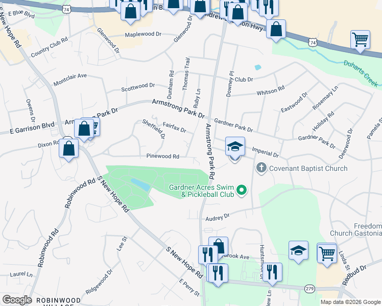 map of restaurants, bars, coffee shops, grocery stores, and more near 832 Avondale Road in Gastonia
