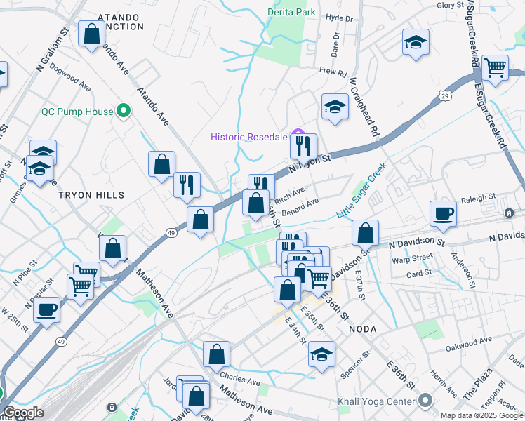map of restaurants, bars, coffee shops, grocery stores, and more near 136 East 36th Street in Charlotte