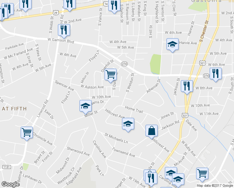 map of restaurants, bars, coffee shops, grocery stores, and more near 1010 West 10th Avenue in Gastonia