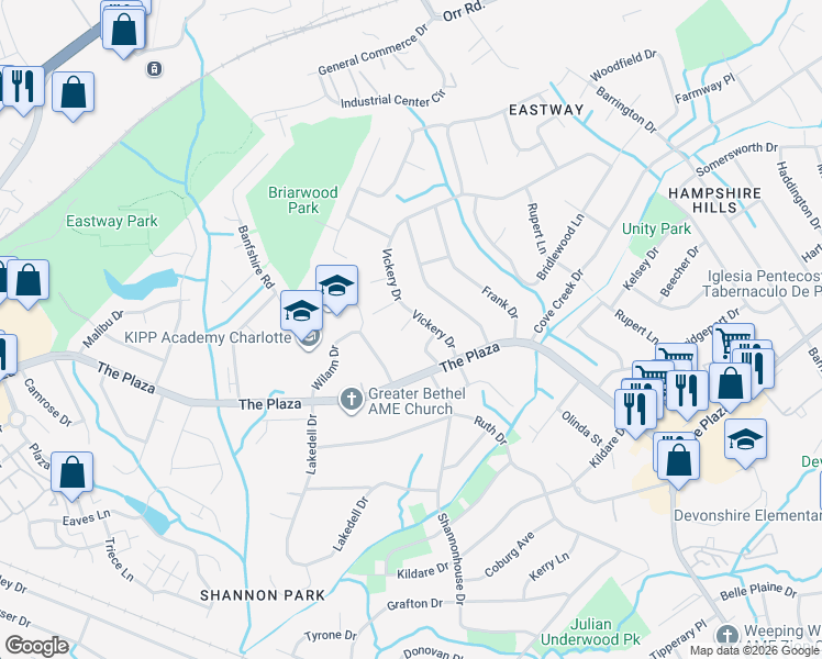 map of restaurants, bars, coffee shops, grocery stores, and more near 5420 Dunstan Court in Charlotte