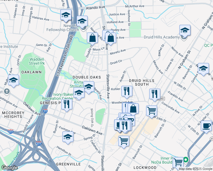 map of restaurants, bars, coffee shops, grocery stores, and more near 2219 Statesville Avenue in Charlotte
