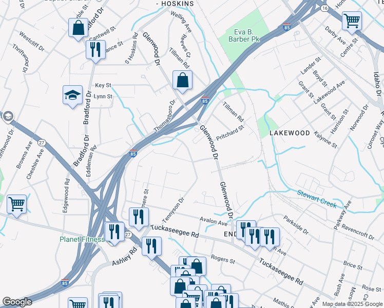 map of restaurants, bars, coffee shops, grocery stores, and more near 731 Tennyson Drive in Charlotte