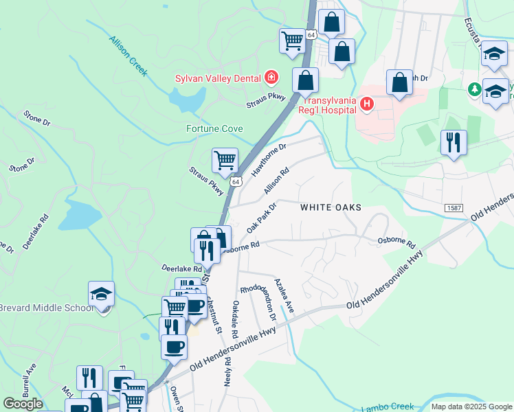 map of restaurants, bars, coffee shops, grocery stores, and more near 90 Allison Road in Brevard