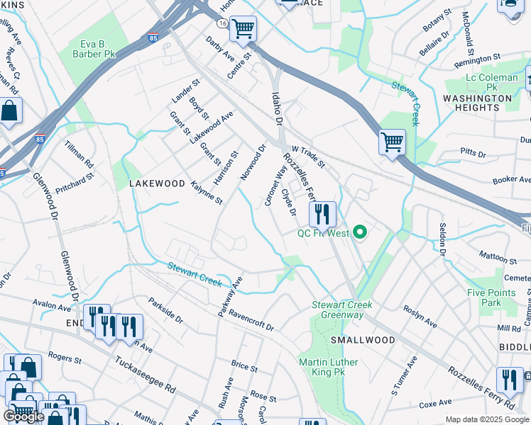 map of restaurants, bars, coffee shops, grocery stores, and more near 2937 Coronet Way in Charlotte
