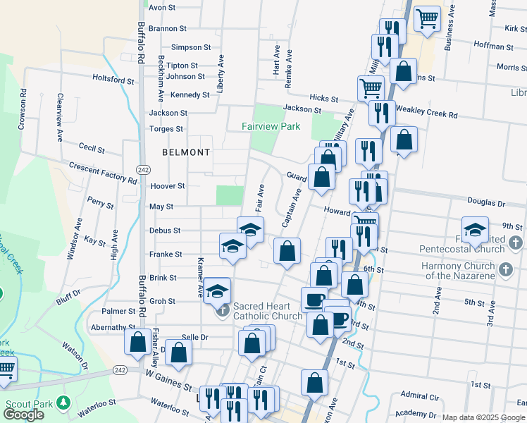 map of restaurants, bars, coffee shops, grocery stores, and more near 808 Fair Avenue in Lawrenceburg