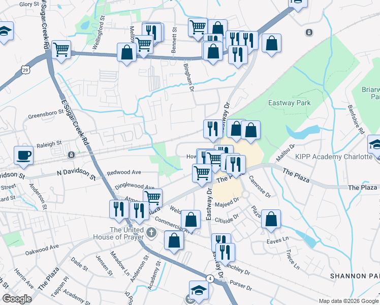map of restaurants, bars, coffee shops, grocery stores, and more near 4038 Howie Circle in Charlotte