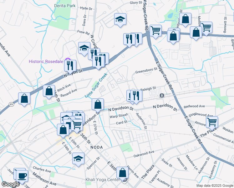 map of restaurants, bars, coffee shops, grocery stores, and more near 3750 Philemon Avenue in Charlotte
