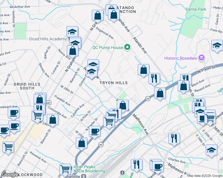 map of restaurants, bars, coffee shops, grocery stores, and more near 2711 Bellefonte Drive in Charlotte