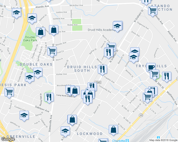map of restaurants, bars, coffee shops, grocery stores, and more near 2347 Lucena Street in Charlotte
