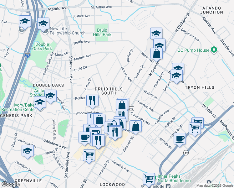 map of restaurants, bars, coffee shops, grocery stores, and more near 2347 Lucena Street in Charlotte