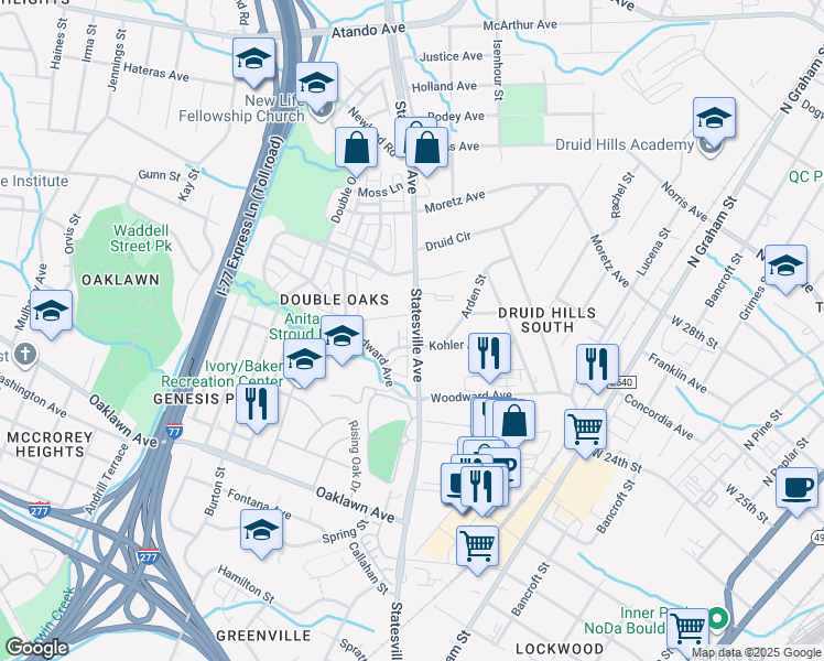 map of restaurants, bars, coffee shops, grocery stores, and more near 2219 Statesville Avenue in Charlotte