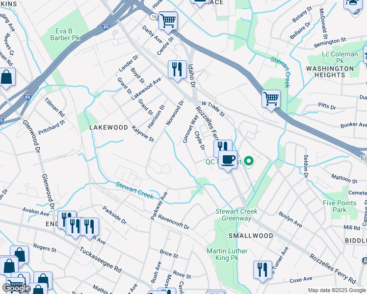 map of restaurants, bars, coffee shops, grocery stores, and more near 2933 Coronet Way in Charlotte