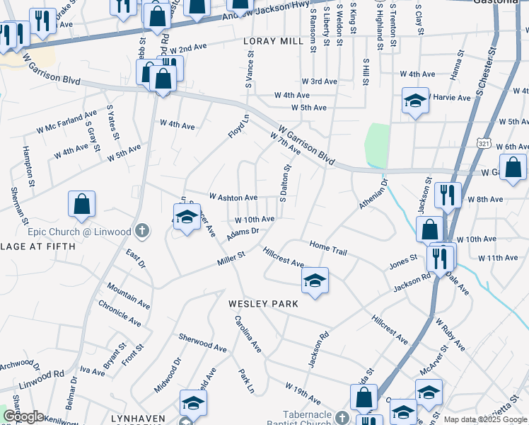 map of restaurants, bars, coffee shops, grocery stores, and more near 111 Summit Street in Gastonia