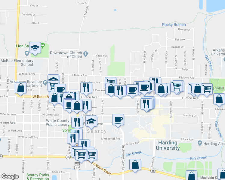map of restaurants, bars, coffee shops, grocery stores, and more near in Searcy