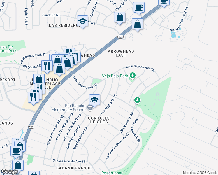 map of restaurants, bars, coffee shops, grocery stores, and more near 303 Oreja De Oro Drive Southeast in Rio Rancho