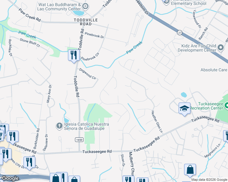 map of restaurants, bars, coffee shops, grocery stores, and more near 5704 Glenhill Court in Charlotte