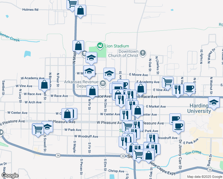 map of restaurants, bars, coffee shops, grocery stores, and more near 308 West Vine Avenue in Searcy