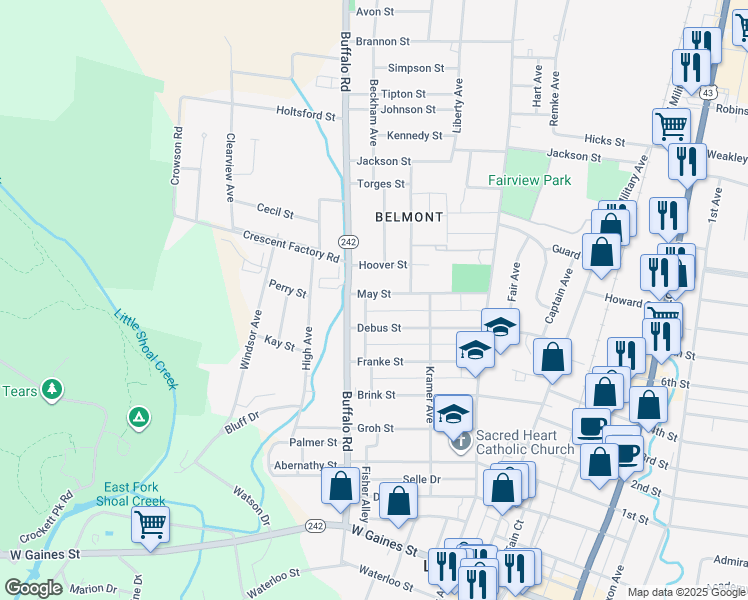 map of restaurants, bars, coffee shops, grocery stores, and more near 321 May Street in Lawrenceburg