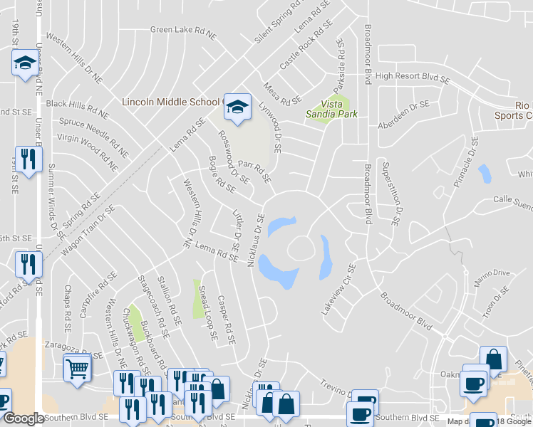 map of restaurants, bars, coffee shops, grocery stores, and more near 382 Nicklaus Drive Southeast in Rio Rancho