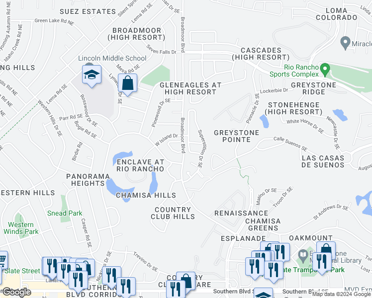 map of restaurants, bars, coffee shops, grocery stores, and more near 575 Hermit Falls Drive Southeast in Rio Rancho