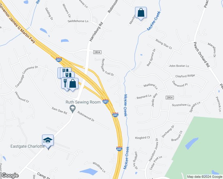 map of restaurants, bars, coffee shops, grocery stores, and more near 7829 Cafferty Circle in Charlotte