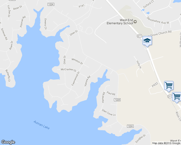 map of restaurants, bars, coffee shops, grocery stores, and more near 114 Vanore Road in Seven Lakes