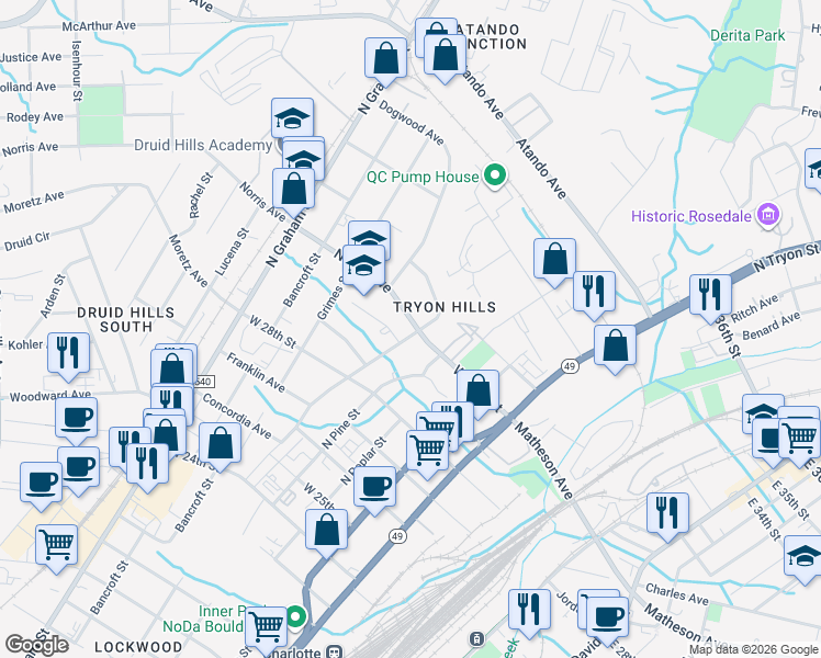 map of restaurants, bars, coffee shops, grocery stores, and more near in Charlotte