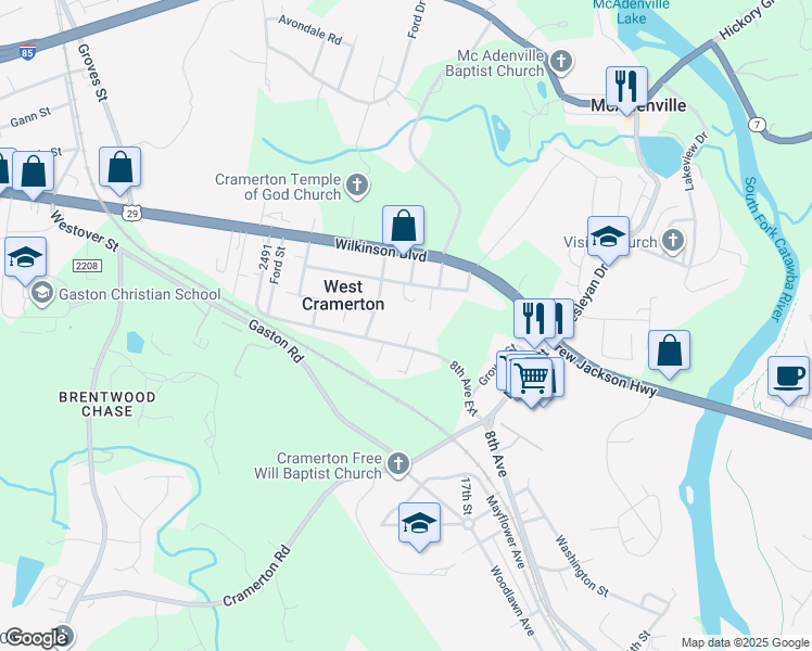 map of restaurants, bars, coffee shops, grocery stores, and more near 508 8th Avenue Extension in Cramerton