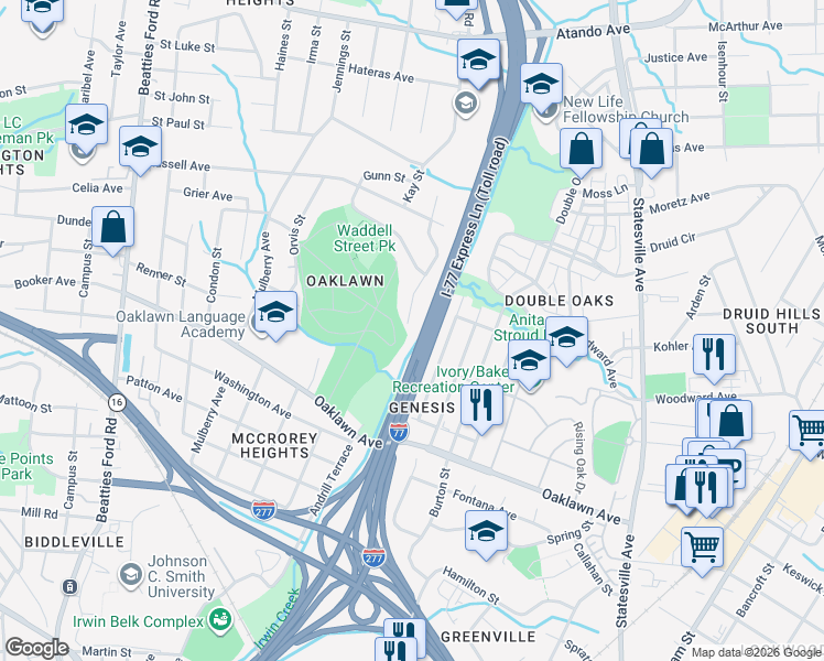 map of restaurants, bars, coffee shops, grocery stores, and more near 1222 Dean Street in Charlotte
