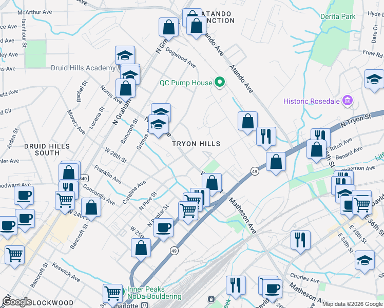 map of restaurants, bars, coffee shops, grocery stores, and more near 2711 Bellefonte Drive in Charlotte