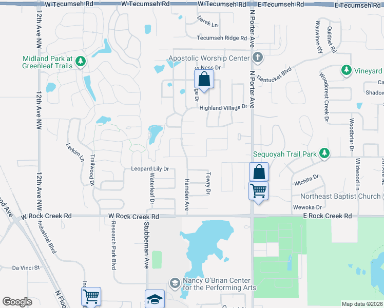 map of restaurants, bars, coffee shops, grocery stores, and more near 317 Greens Parkway in Norman