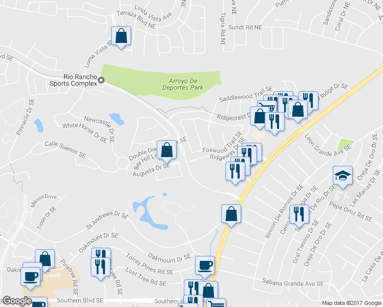 map of restaurants, bars, coffee shops, grocery stores, and more near 4237 Foxwood Trail Southeast in Rio Rancho