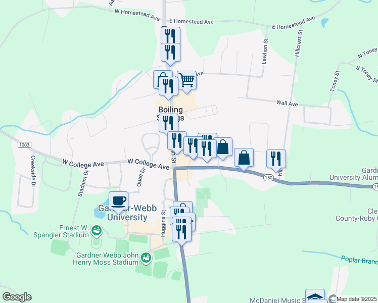 map of restaurants, bars, coffee shops, grocery stores, and more near 117 Hamrick Avenue in Shelby