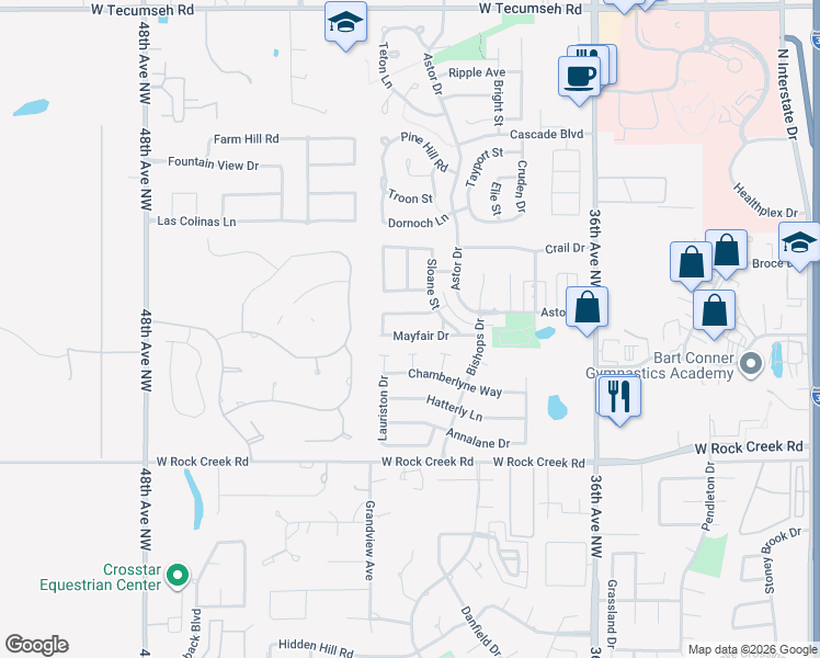 map of restaurants, bars, coffee shops, grocery stores, and more near 4025 Mayfair Drive in Norman