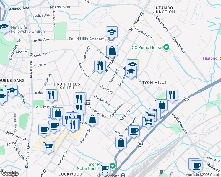 map of restaurants, bars, coffee shops, grocery stores, and more near 618 West 28th Street in Charlotte