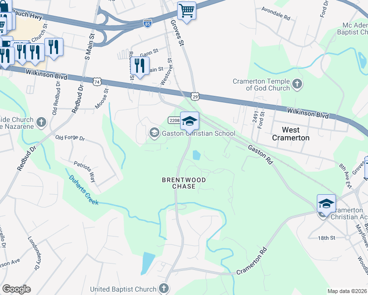 map of restaurants, bars, coffee shops, grocery stores, and more near 1641 Lowell Bethesda Road in Gastonia