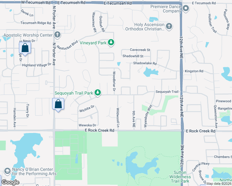 map of restaurants, bars, coffee shops, grocery stores, and more near 2701 Sequoyah Trail in Norman