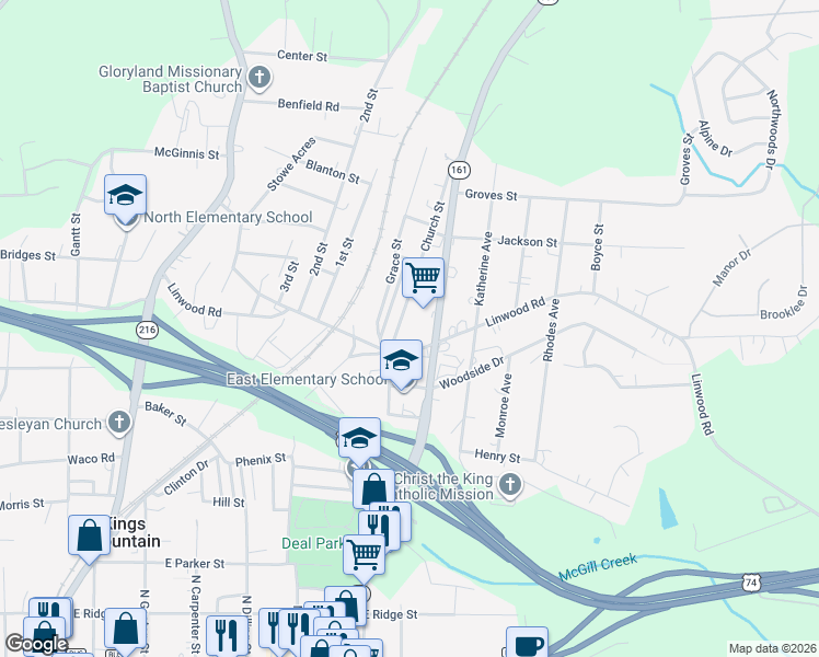 map of restaurants, bars, coffee shops, grocery stores, and more near 810 Church Street in Kings Mountain