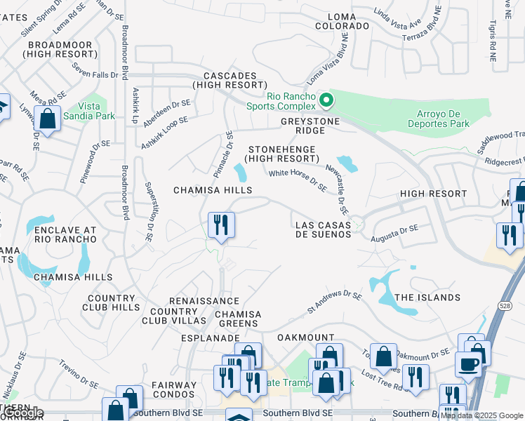 map of restaurants, bars, coffee shops, grocery stores, and more near 3456 Placita de las Casas Southeast in Rio Rancho