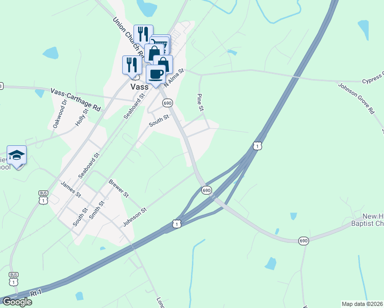 map of restaurants, bars, coffee shops, grocery stores, and more near 352 Main Street in Vass