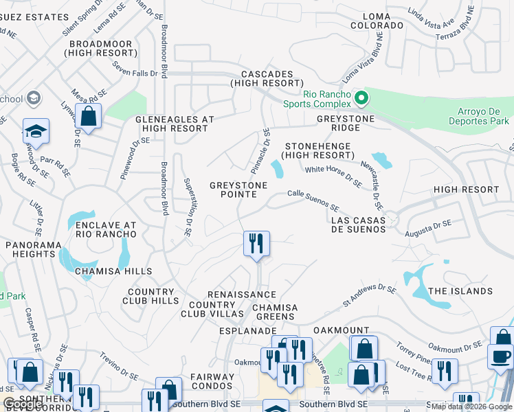 map of restaurants, bars, coffee shops, grocery stores, and more near 3409 Calle Suenos Southeast in Rio Rancho