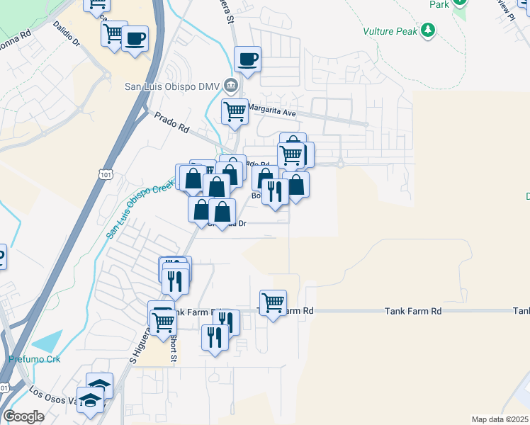 map of restaurants, bars, coffee shops, grocery stores, and more near 254 Granada Drive in San Luis Obispo