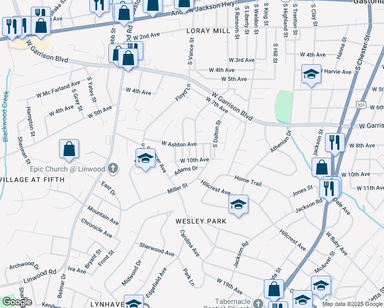 map of restaurants, bars, coffee shops, grocery stores, and more near 108 Dean Street in Gastonia