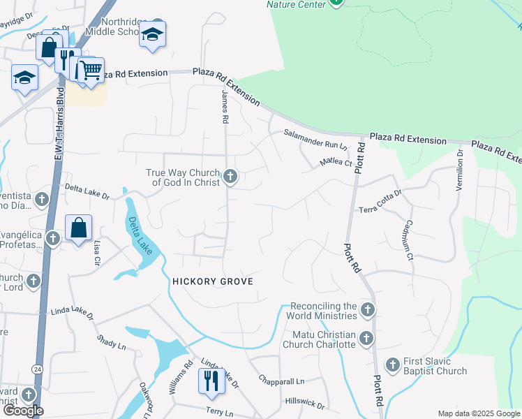 map of restaurants, bars, coffee shops, grocery stores, and more near 8018 Gera Emma Drive in Charlotte