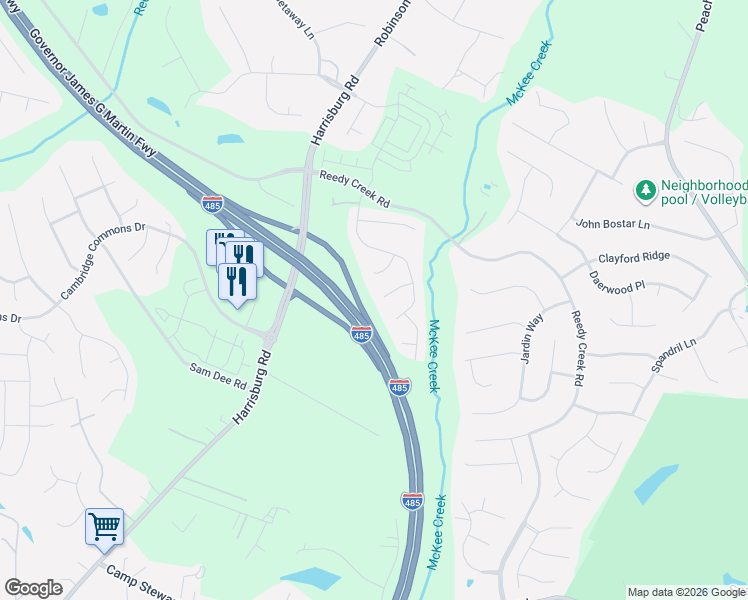 map of restaurants, bars, coffee shops, grocery stores, and more near 7838 Cafferty Circle in Charlotte