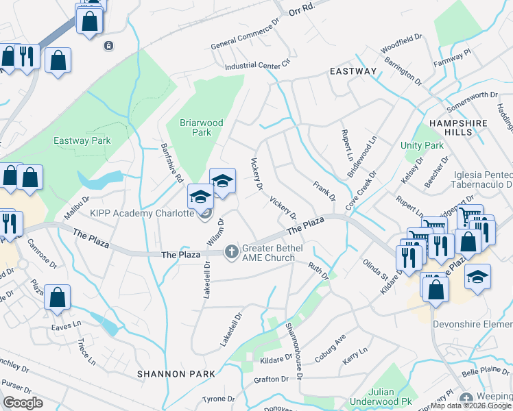 map of restaurants, bars, coffee shops, grocery stores, and more near 5420 Dunstan Court in Charlotte