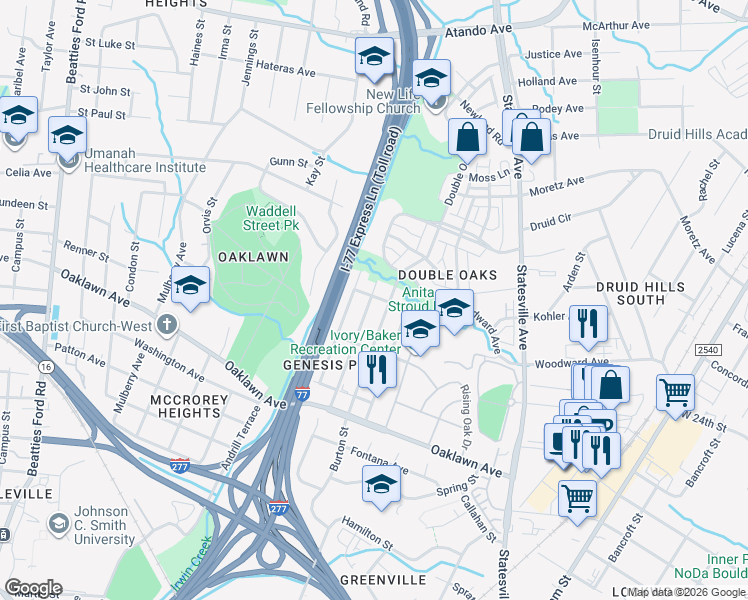 map of restaurants, bars, coffee shops, grocery stores, and more near 2112 Rush Wind Drive in Charlotte